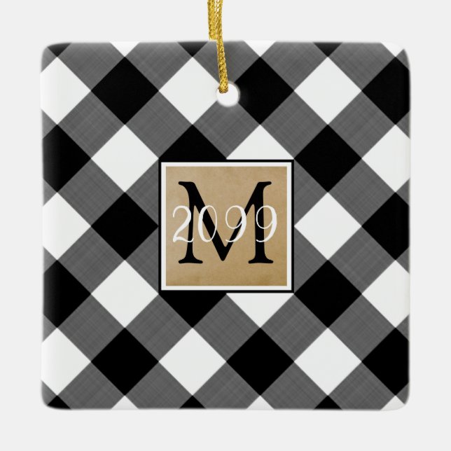 B&W Buffalo Check Monogram Photo Keepsake Ceramic Ornament (Front)