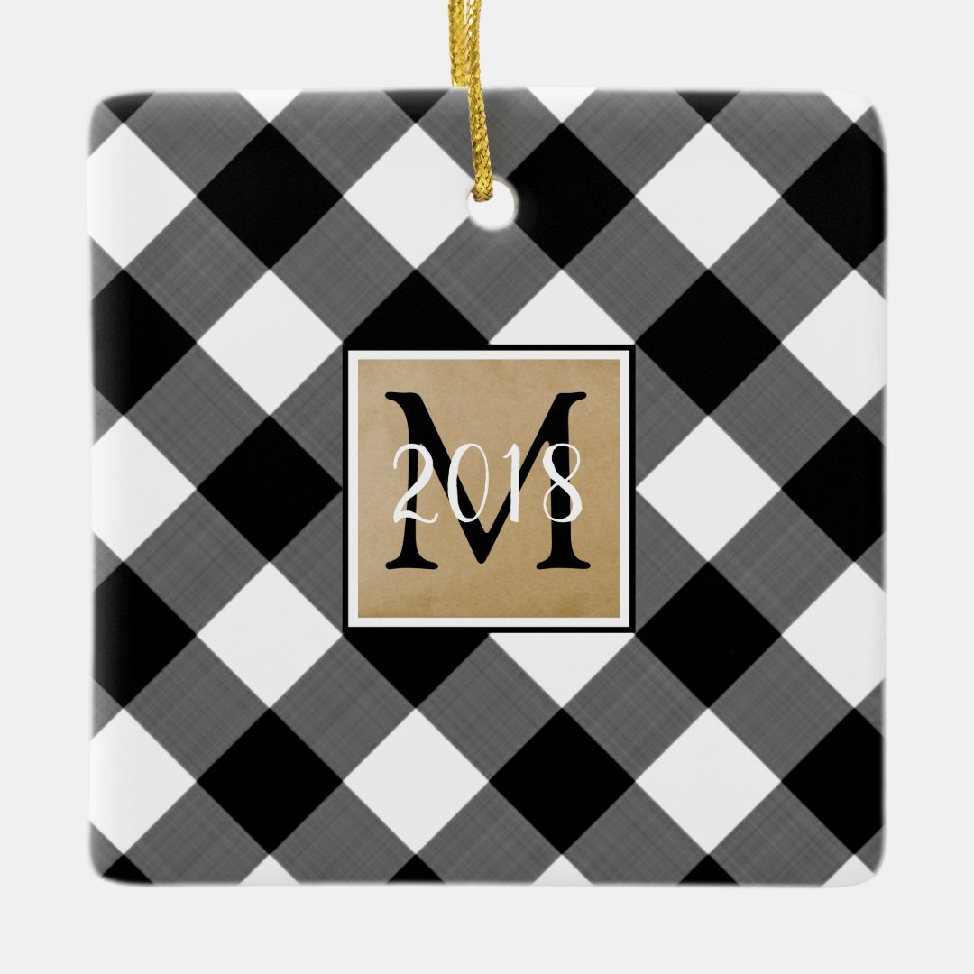 B&W Buffalo Check Monogram Photo Keepsake Ceramic Ornament | Zazzle