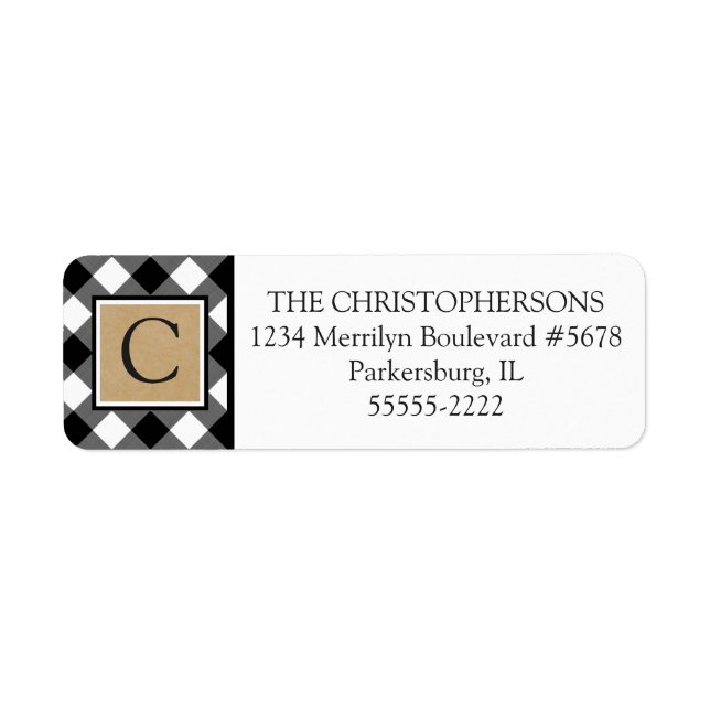 B&W Buffalo Check Plaid and Kraft Paper Monogram Label (Front)