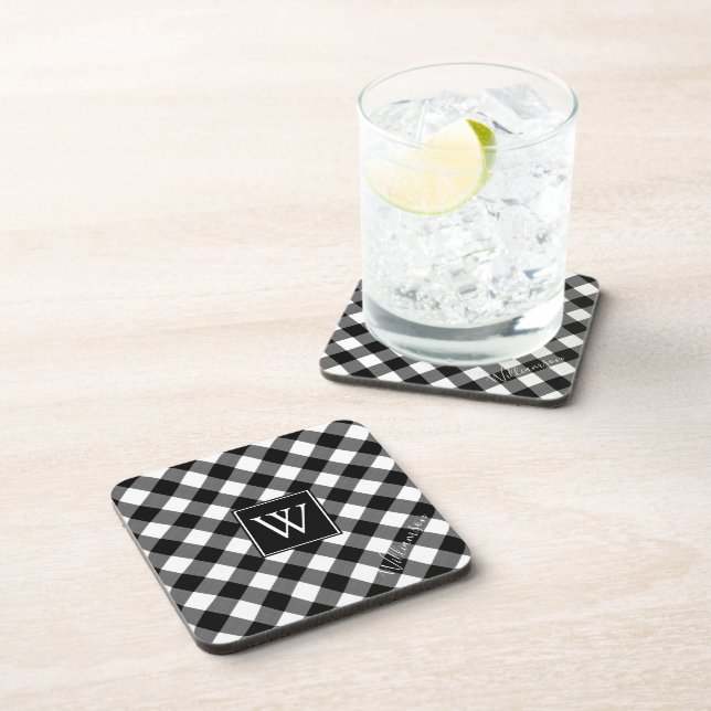 B&W Buffalo Check Plaid Monogram (name optional) Beverage Coaster (Right Side)