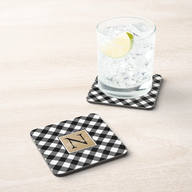 B&W Buffalo Check Plaid Monogram (name optional) Beverage Coaster (Right Side)