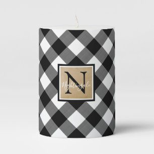 B&W Buffalo Check Plaid Monogram (name optional) Pillar Candle