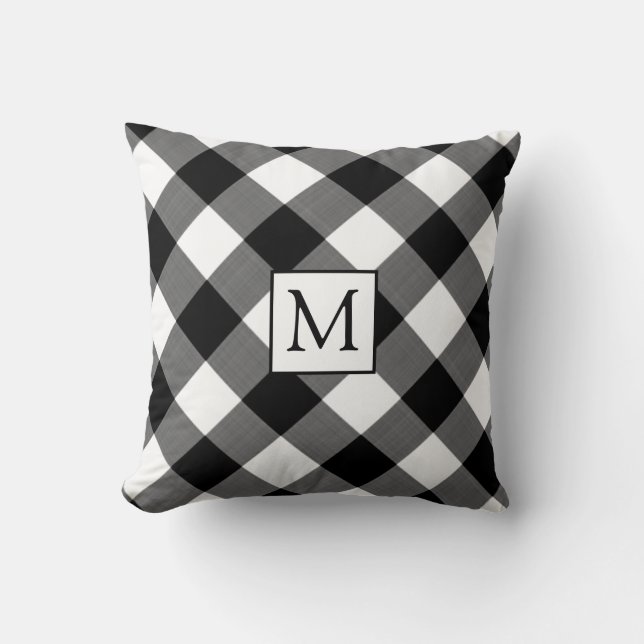 B&W Buffalo Check Plaid Monogram Throw Pillow (Front)