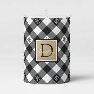 B&W Buffalo Check Plaid Snowflake Monogram Pillar Candle