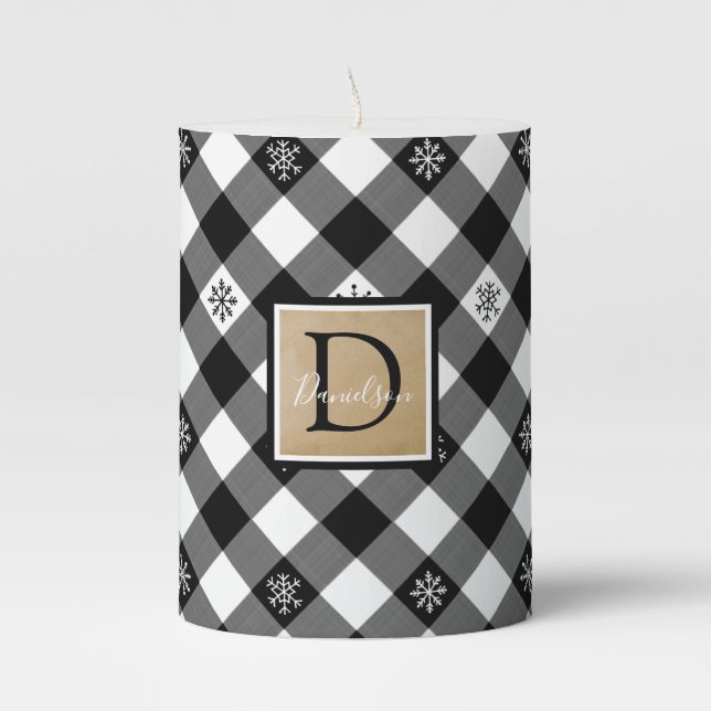 B&W Buffalo Check Plaid Snowflake Monogram Pillar Candle (Front)