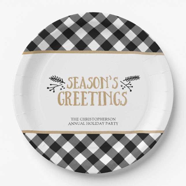 B&W Buffalo Check SEASONS GREETINGS Personalized Paper Plates (Front)