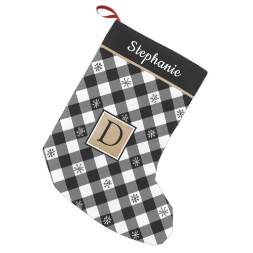 BW Buffalo Check Snowflake Plaid Monogram Name Small Christmas Stocking