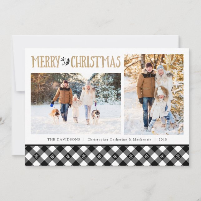 B&W Buffalo Check Snowflakes | Merry Christmas Holiday Card (Front)
