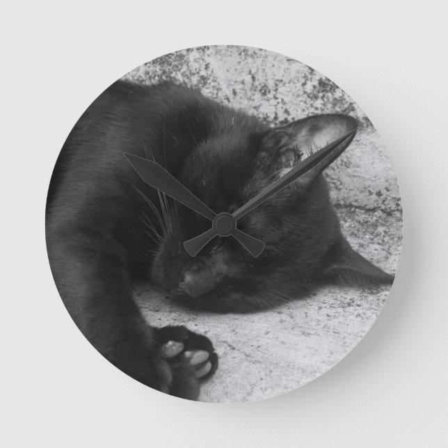 B&W - Cat Sleeping Round Clock (Front)