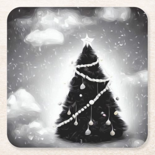 BW Christmas Tree Square Paper Coaster