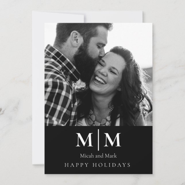 B/W Couple Photo Black Holiday Card (Front)