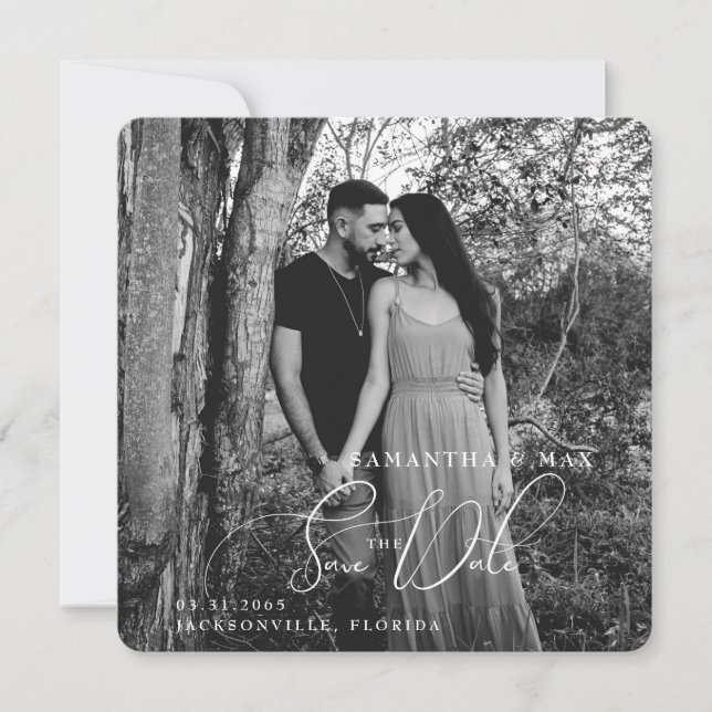 B/W Couple Photo Square Rounded Save the Date (Front)