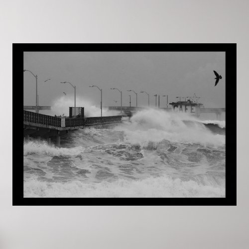 BW Crash of a fierce storm ocean wave Poster