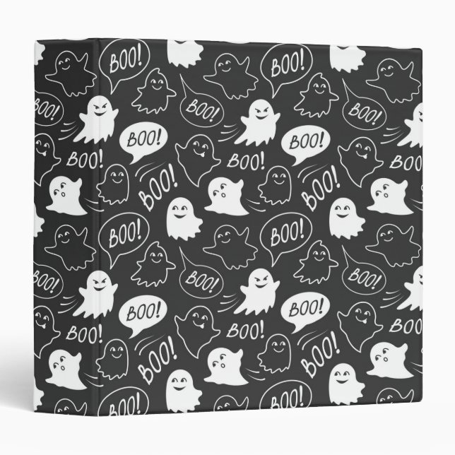 B&W Cute Doodle Halloween Pattern 3 Ring Binder (Front/Spine)