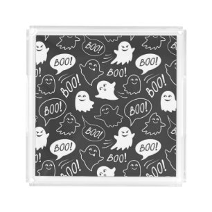 B&W Cute Doodle Halloween Pattern Acrylic Tray