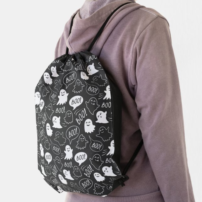B&W Cute Doodle Halloween Pattern Drawstring Bag (Insitu)