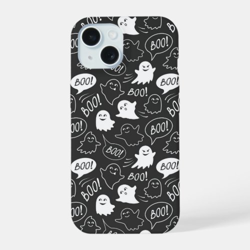 BW Cute Doodle Halloween Pattern iPhone 15 Case