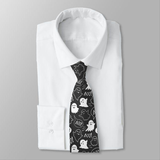 B&W Cute Doodle Halloween Pattern Neck Tie (Tied)