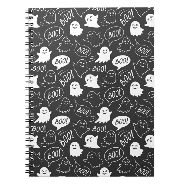 B&W Cute Doodle Halloween Pattern Notebook (Front)