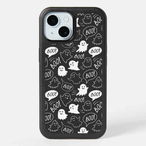 BW Cute Doodle Halloween Pattern iPhone 15 Case