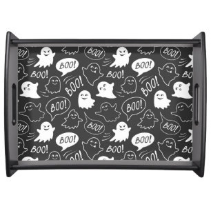 B&W Cute Doodle Halloween Pattern Serving Tray