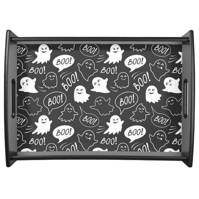 B&W Cute Doodle Halloween Pattern Serving Tray (Front)