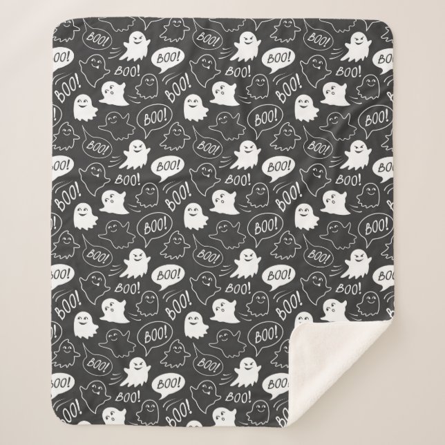 B&W Cute Doodle Halloween Pattern Sherpa Blanket (Front)
