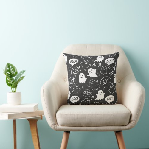 BW Cute Doodle Halloween Pattern Throw Pillow