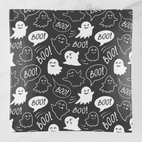 BW Cute Doodle Halloween Pattern Trinket Tray