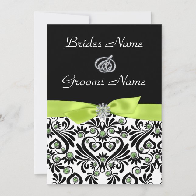 B & W Damask with Lime Green Wedding Invitations (Front)