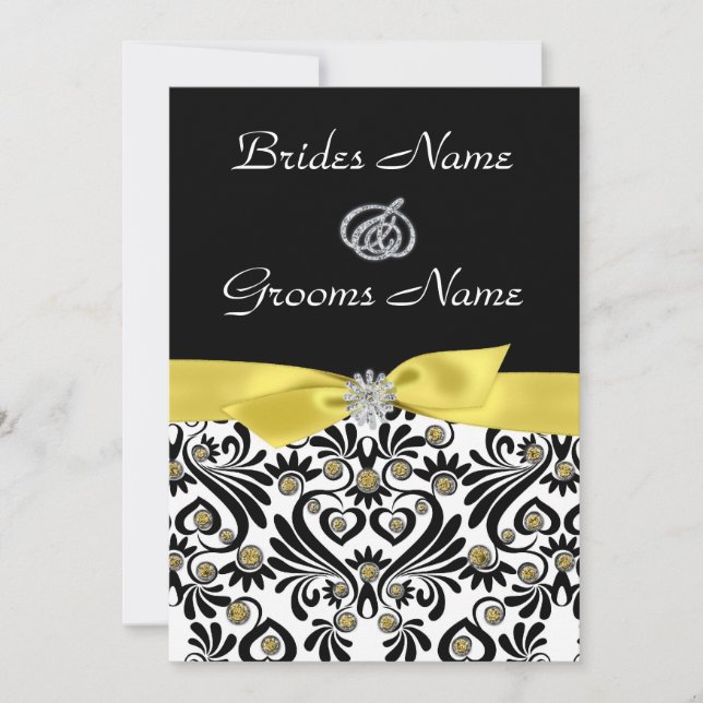 B & W Damask with Yellow Wedding Invitations (Front)