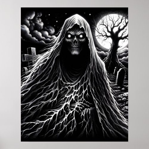 BW Evil Spirit in Cemetery Creepy Poster