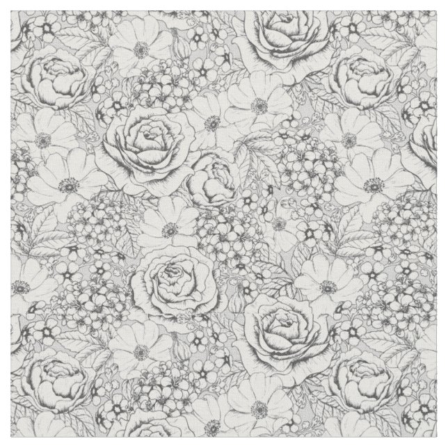 B&W Flower Garden Rose Pattern Fabric (Close Up)
