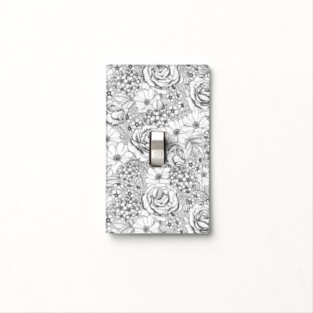 B&W Flower Garden Rose Pattern Light Switch Cover (In Situ)