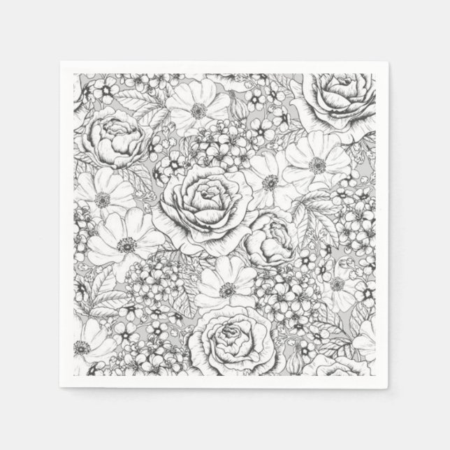 B&W Flower Garden Rose Pattern Napkins (Front)