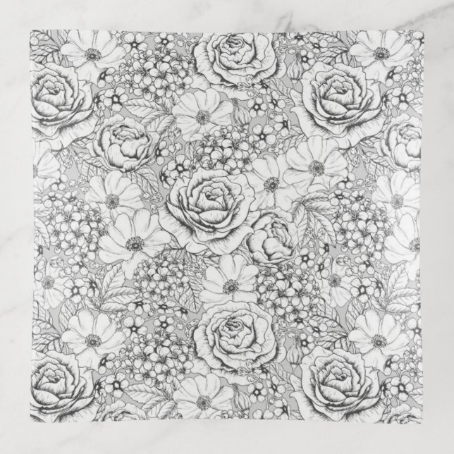 B&W Flower Garden Rose Pattern Trinket Tray (Front)