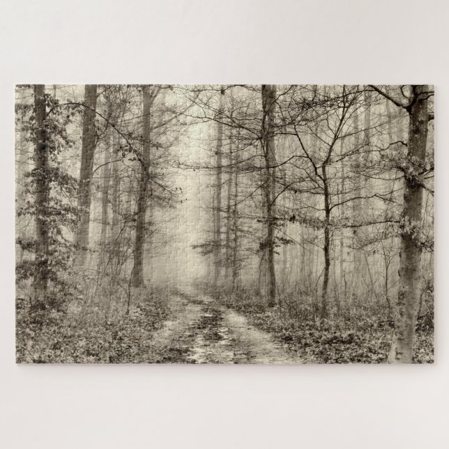 B&W Forest with morning fog behind the trees Jigsaw Puzzle (Horizontal)