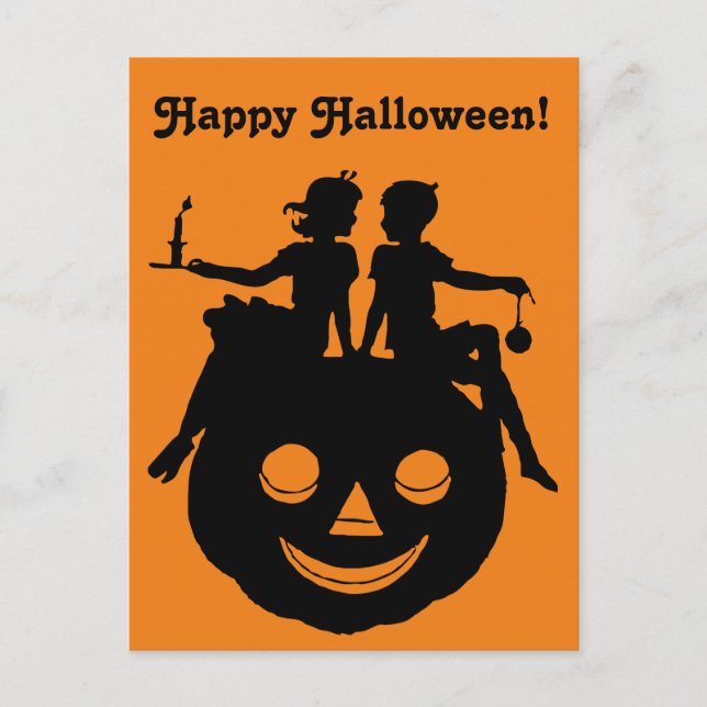 B/W Halloween Silhouette Boy Girl Sitting Pumpkin Holiday Postcard (Front)