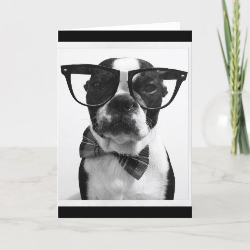 BW Hipster Nerd Boston Terrier Card