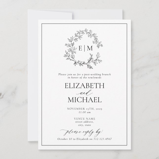 B&W Leafy Crest Monogram Post Wedding Brunch Invitation (Front)