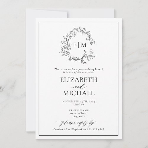 BW Leafy Crest Monogram Post Wedding Brunch Invitation