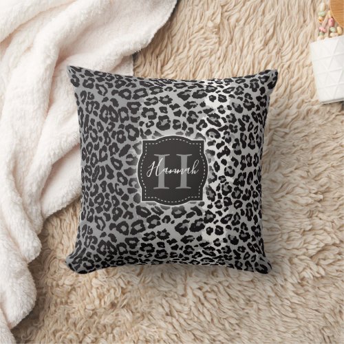 B  W Leopard Pattern w Custom Monogram  Name Throw Pillow