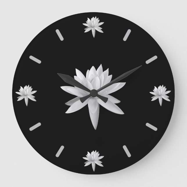 B/W Lily Lotus Art Cool Trendy Unique Large Clock (Front)
