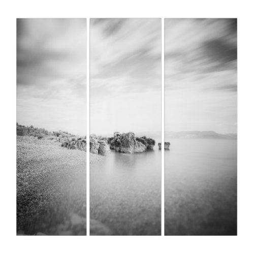 BW long exposure of a beach in Rabac Croatia Triptych