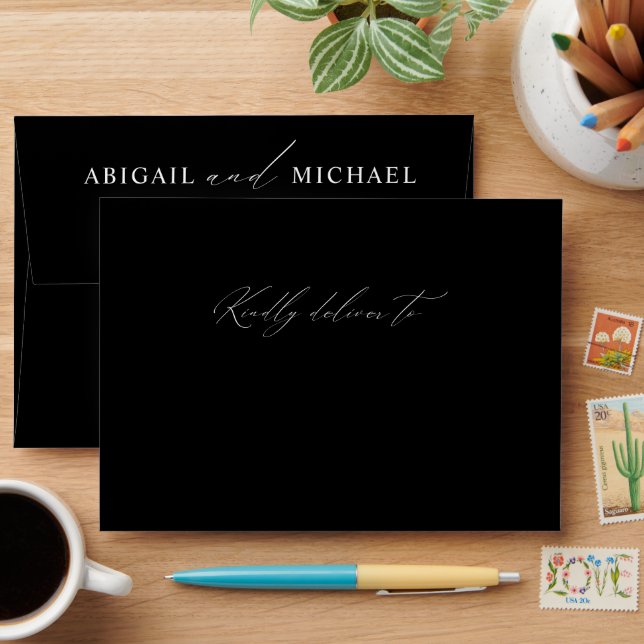 B & W Modern Elegant Minimal Wedding Invitation Envelope (Desk)