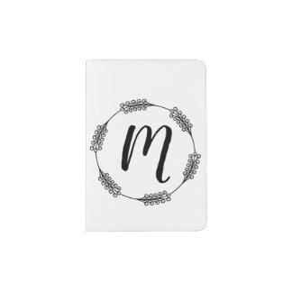 B&W Monogram Wreath Flower Circle Frame Passport Holder