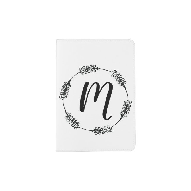 B&W Monogram Wreath Flower Circle Frame Passport Holder (Front)