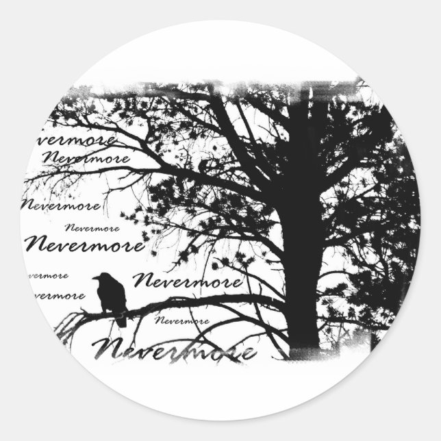 B&W Nevermore Raven Silhouette Classic Round Sticker (Front)
