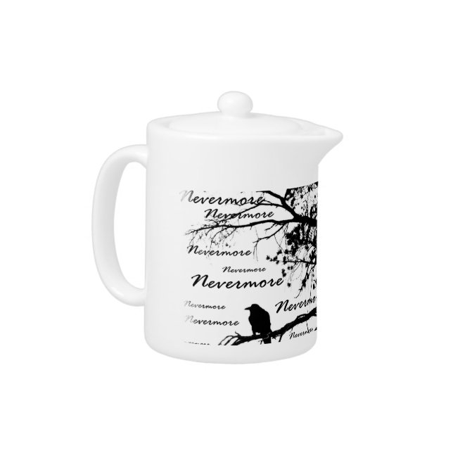 B&W Nevermore Raven Tree Silhouette - E.A. Poe Teapot (Left)