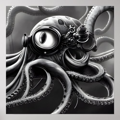 BW One_Eyed Steampunk Octopus  Poster